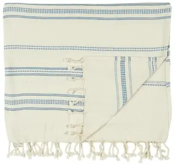 Hammam håndklæde m/frynser natur m/vævet blåt mønster L: 150