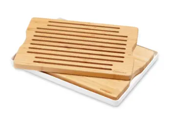 Kombi sæt skære- og brød bræt i bambus med hvidt opsamlingsfad inkl. silikonefødder.